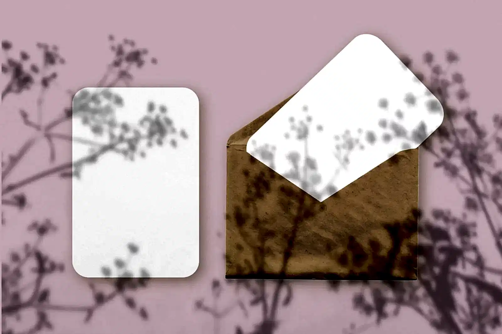 An envelope with two sheets of textured white paper on pink background. Mock up with an overlay of plant shadows. Natural light casts shadows from wildflowers.. Horizontal orientation.